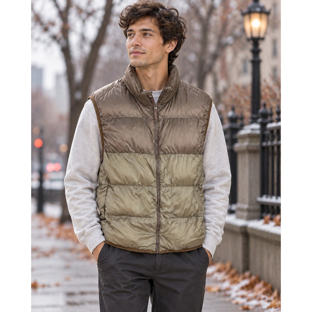 Uniqlo Ultra Light Down Vest Brown Taupe Colorblock Puffer Full Zip Men's XL
